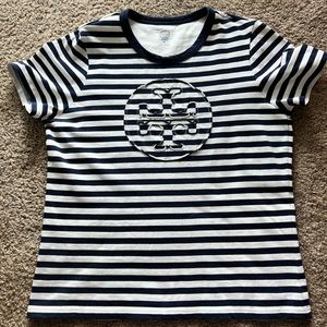 💙MINT💙 Tory Burch 💯 Cotton Short Sleeved T-shirt in Navy & White Stripe Sz XL